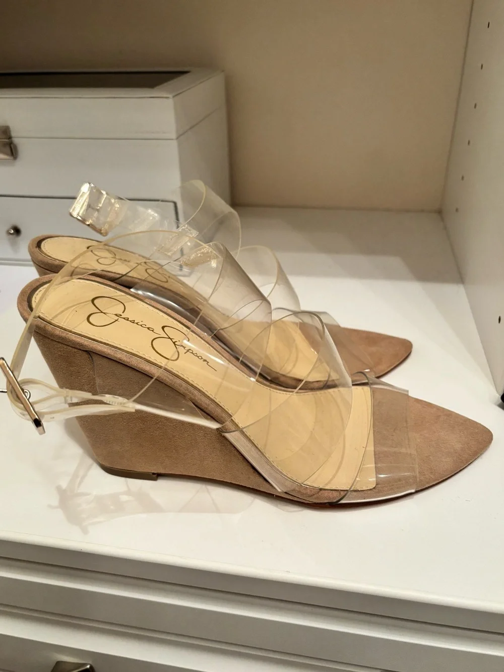 Jessica Simpson Clear-Strap Tan Suede Wedge Sandals